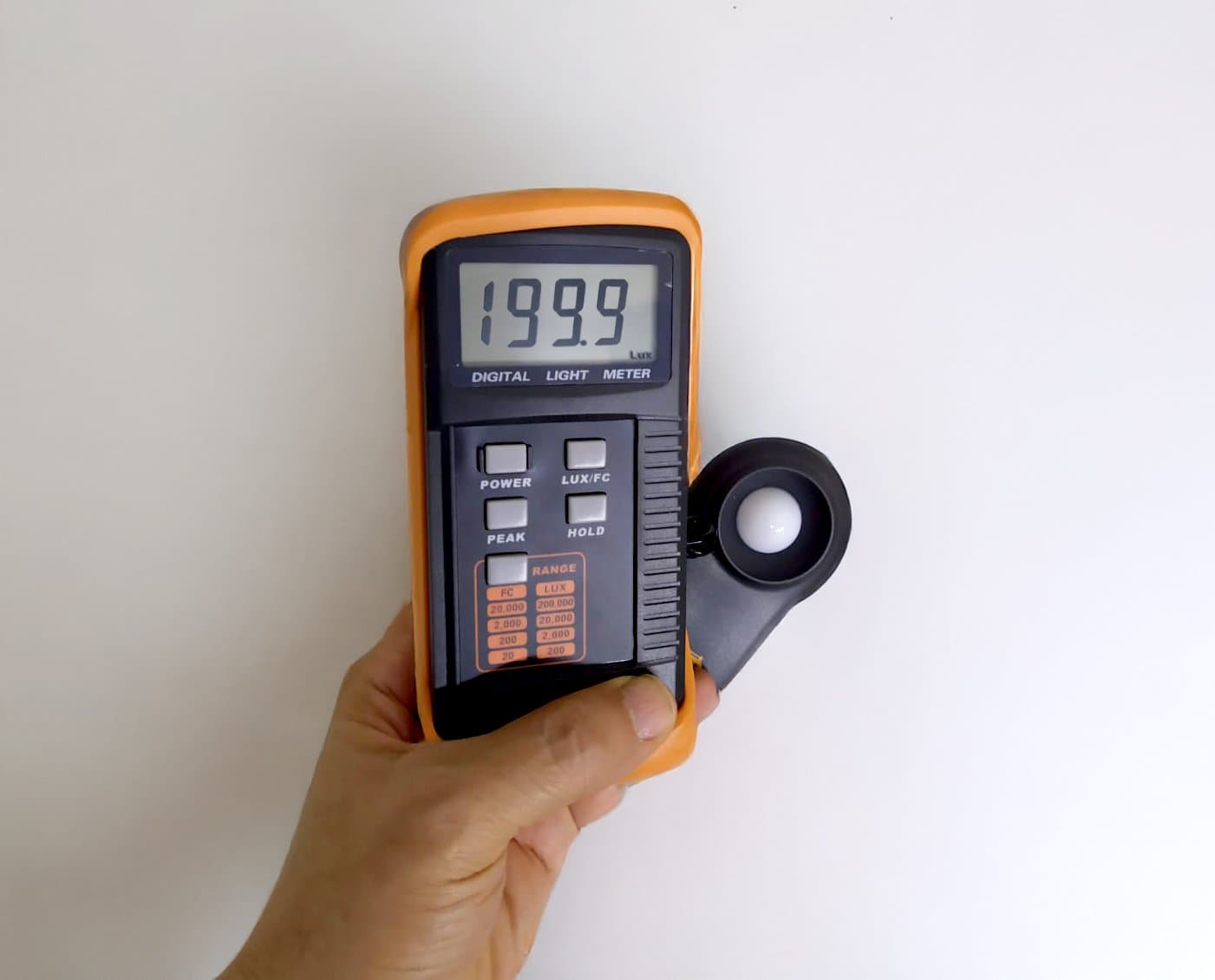 Luxmeter reading 199 lux from 220V white LED strip in mining tunnel