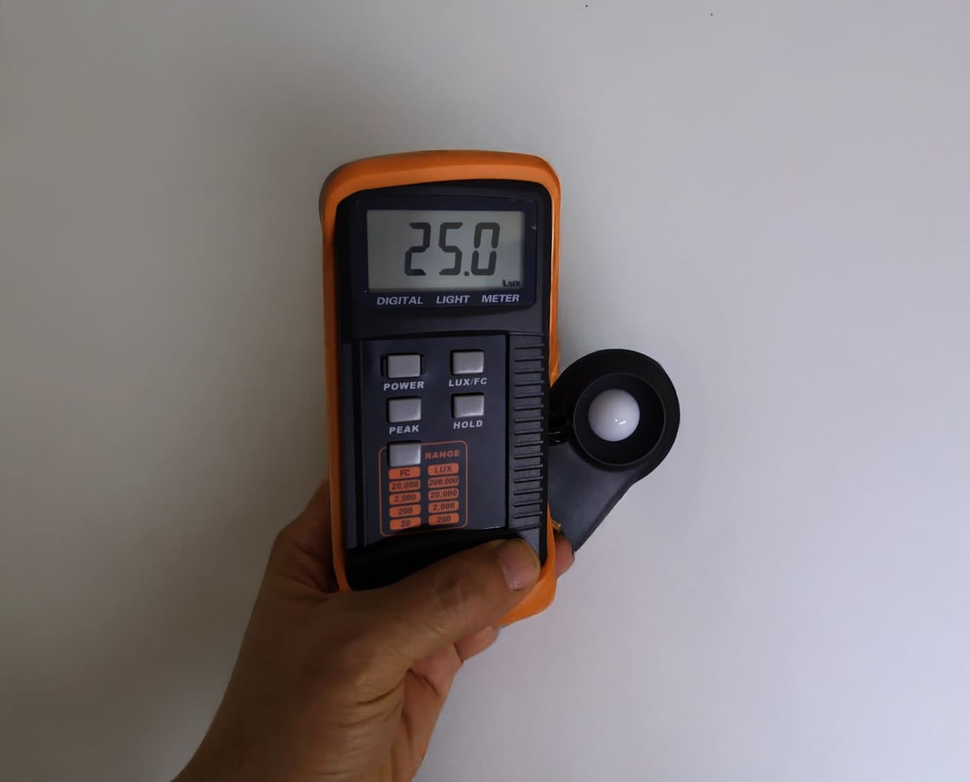 Luxmeter reading 25 lux from emergency LED strip lighting