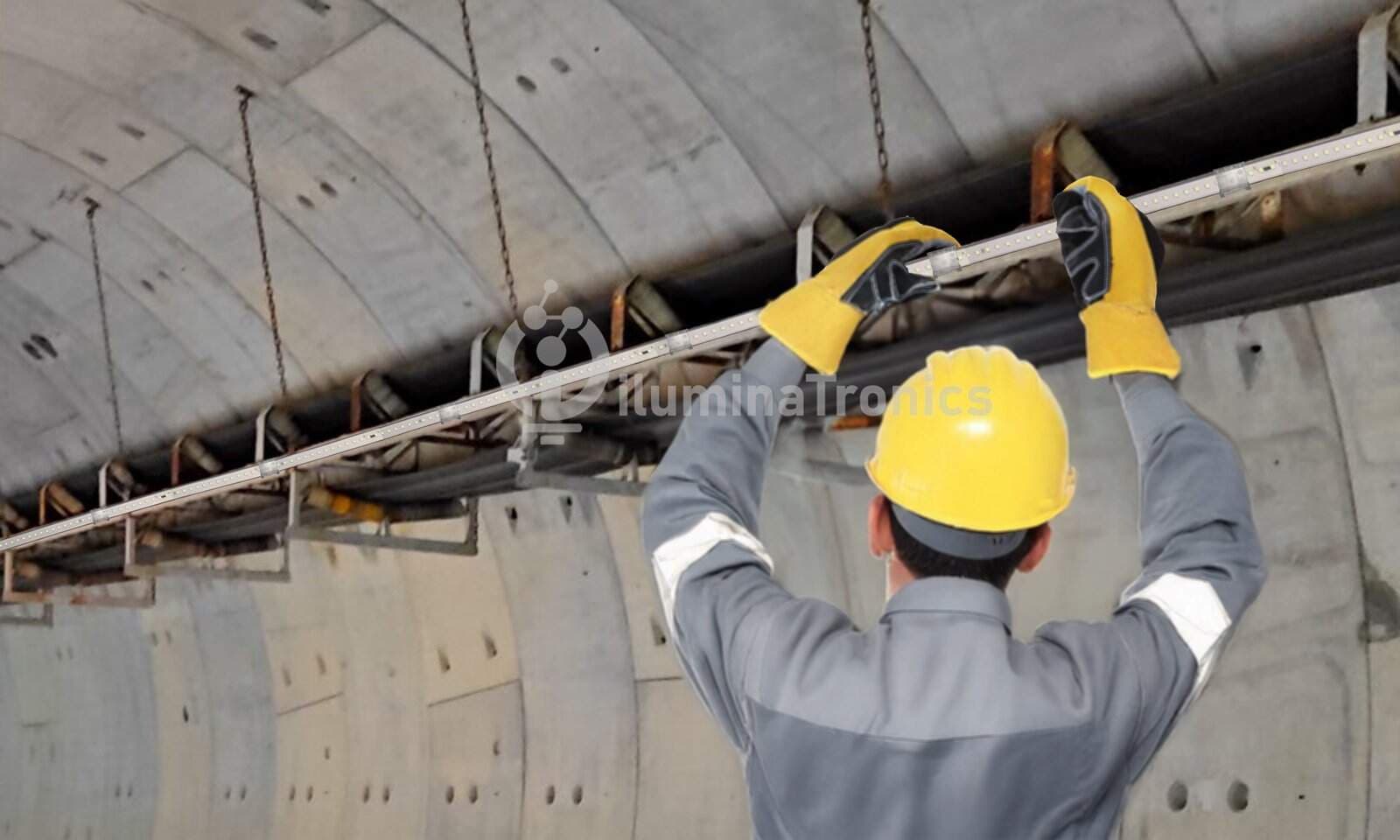 Amber LED strip installation along conveyor belt