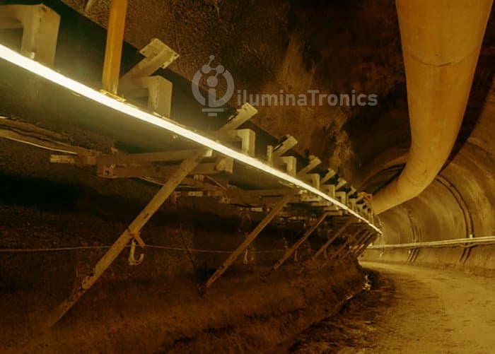 Mining conveyor belt area with amber LED strip lighting