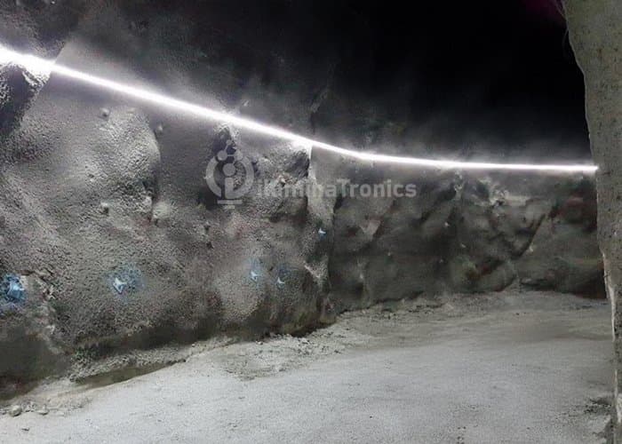 Underground mining tunnel illuminated with 220V white LED strip lighting